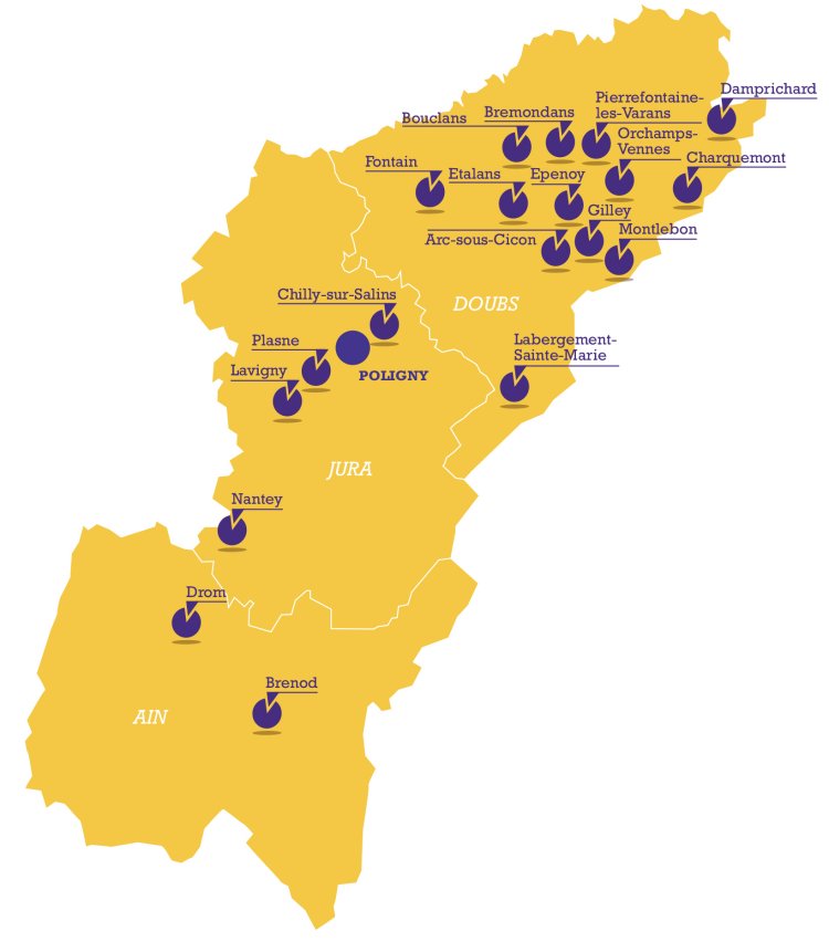 Carte des 18 coopératives de l'Union, réparties entre le Jura, le Doubs et l'Ain